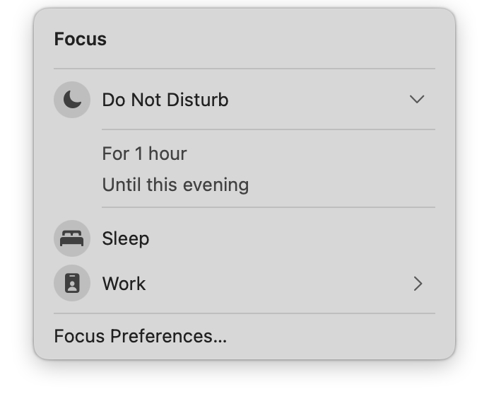 Focus mode filter options in Control Center.