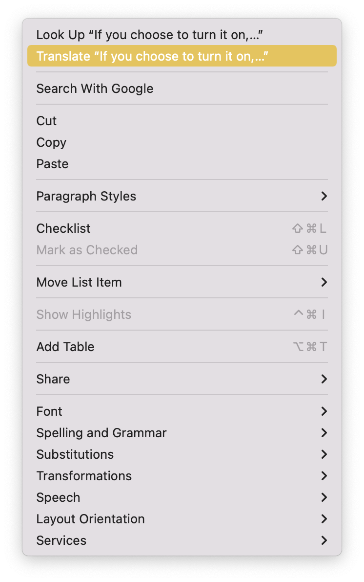 Translate Text context menu.